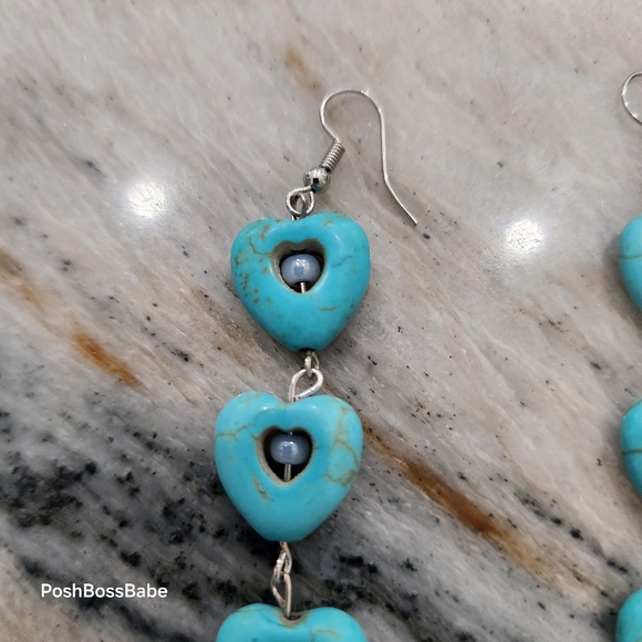 Long Turquoise Heart Drop Earrings – 4" Boho Statement Dangles - Picture 5 of 6